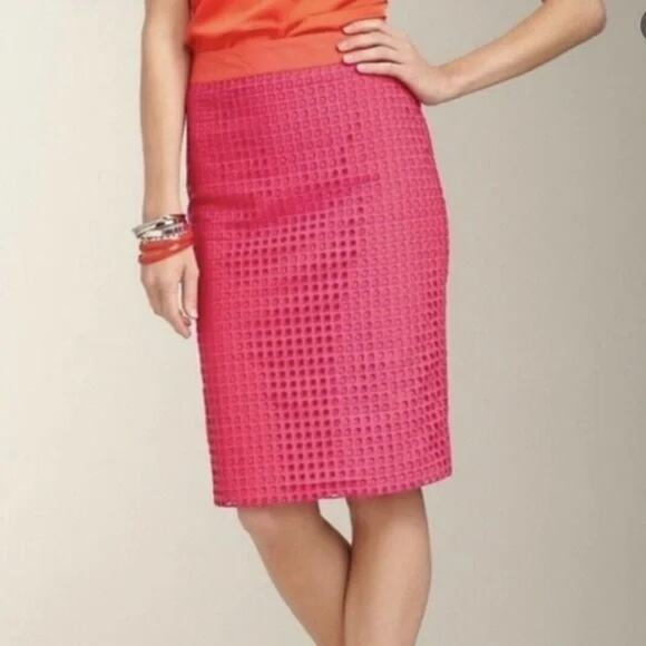 Talbots Skirt Womens 2 P Lattice Pencil Knee Skirt Magenta Orange Cotton Petite - Picture 2 of 6